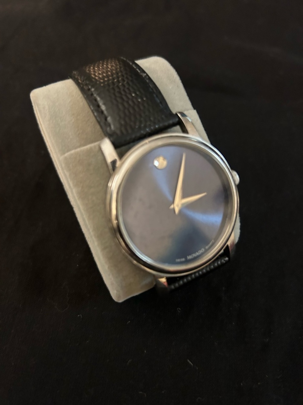 Movado Blue Dial Watch with Black Leather Strap and Silver Case